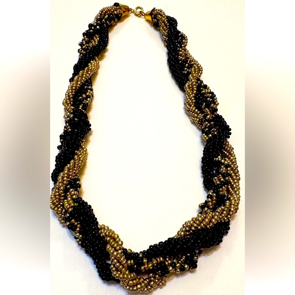 17” Necklace Multi Strand black & gold tone micro bead Midcentury Modern